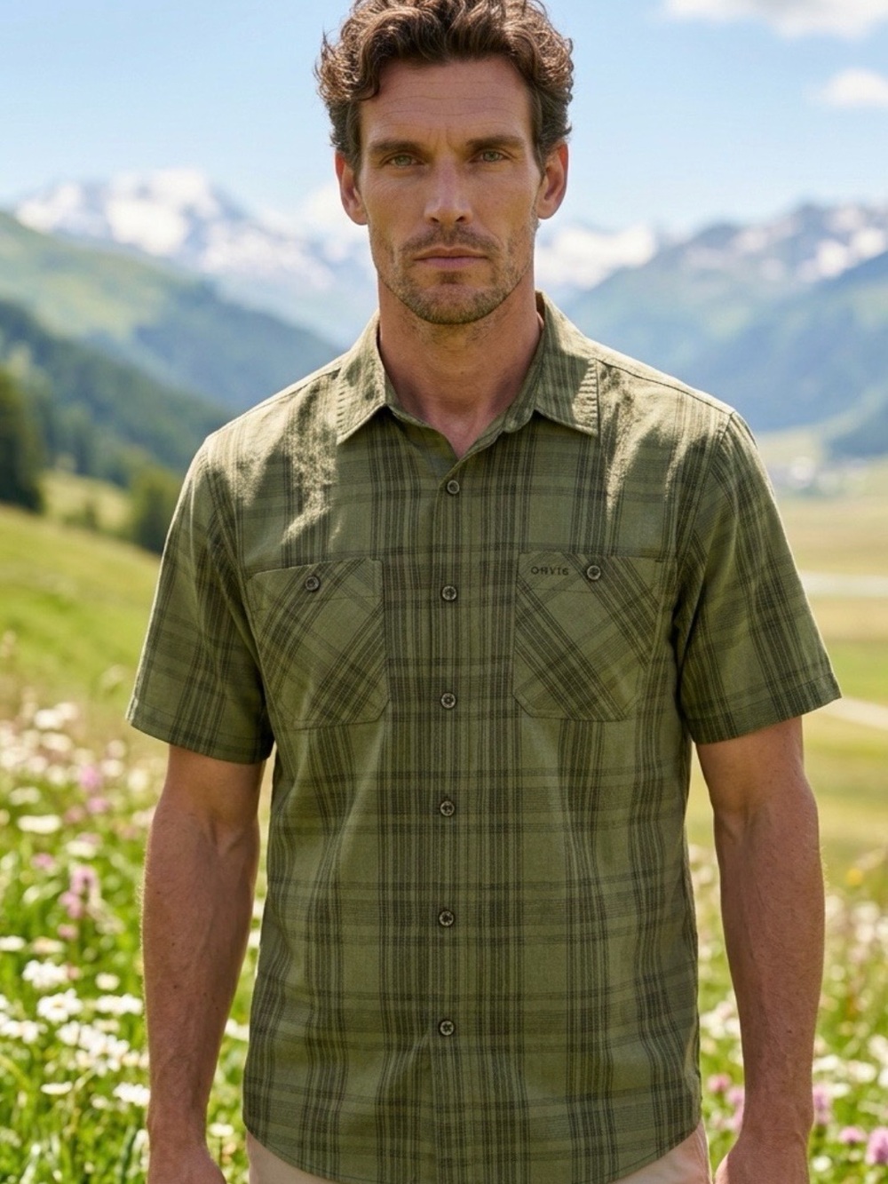 Orvis Olive Green Plaid Short-Sleeve Button-Down Tech Shirt M
